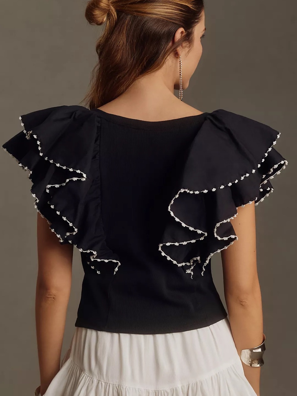 By Anthropologie Oversized Ruffles Ribbed Top Black White Ric Rac Trim Size L - Picture 2 of 7